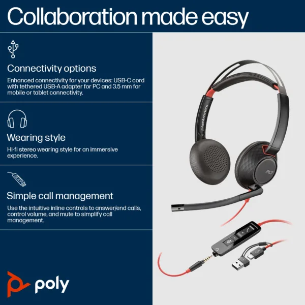 Poly Blackwire 5220 Stereo USB-C Headset +3.5mm Plug +USB-C/A Adapter